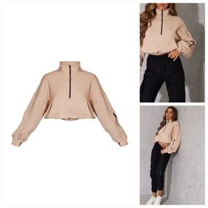 PRETTY LITTLE THING - SAND OVERSIZED FRONT ZIP SWEATER, SIZE S